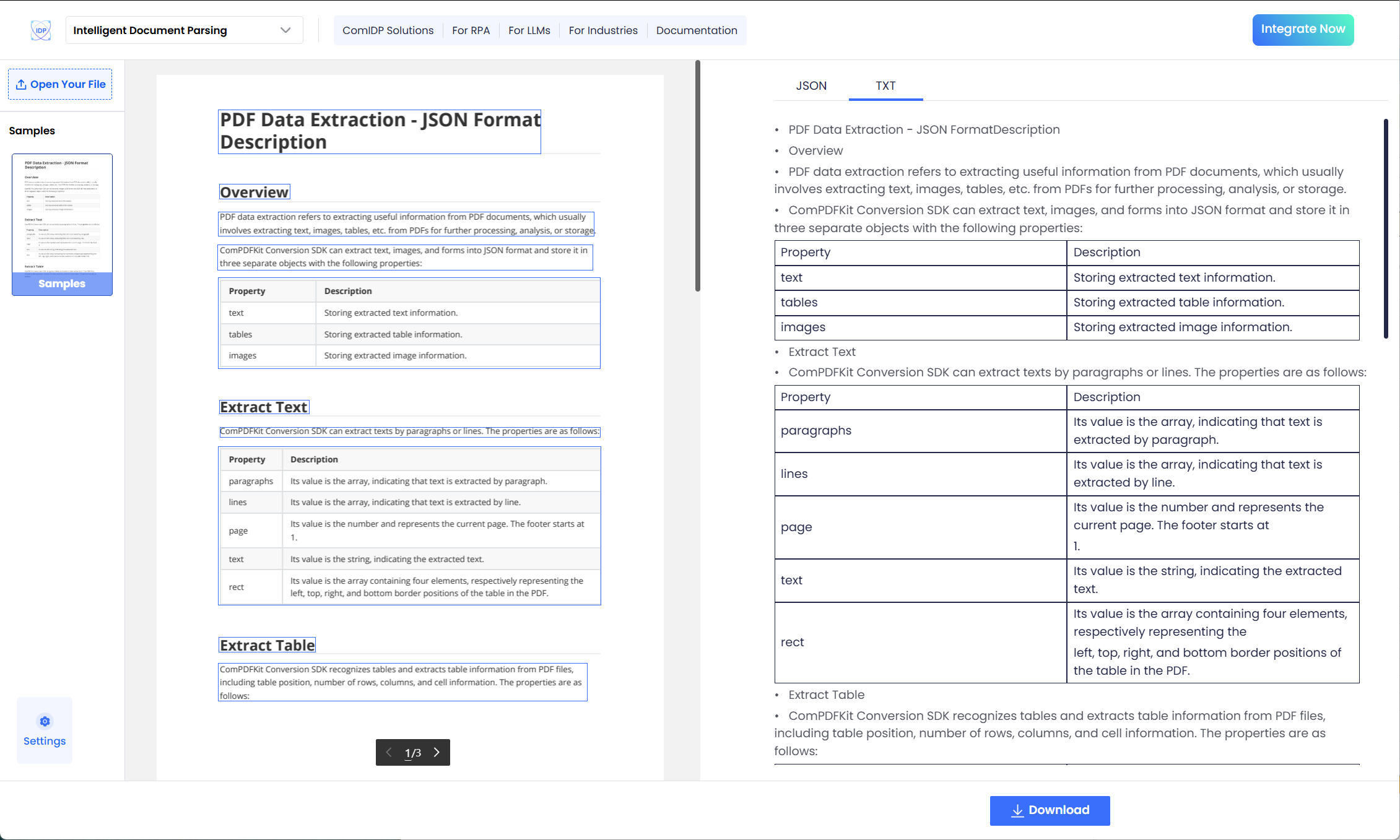 extract content from pdf with ComIDP