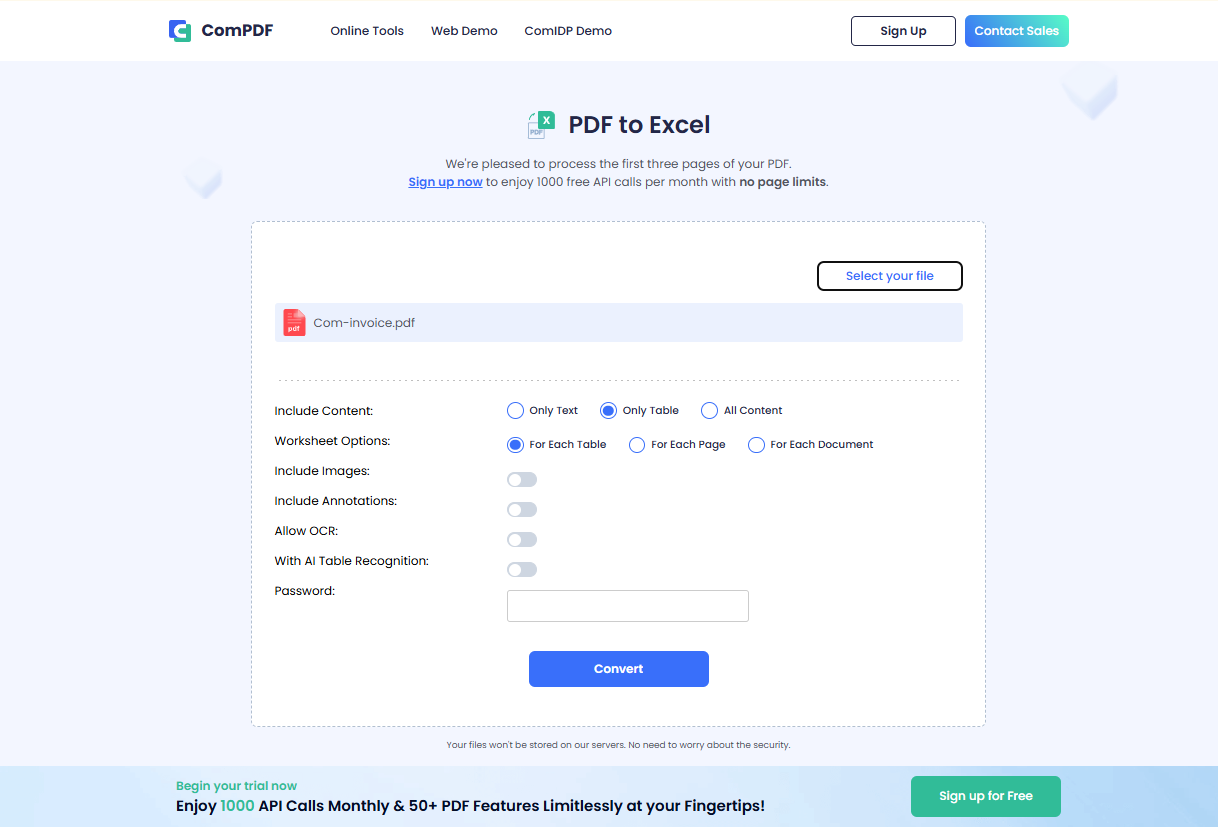 pdf to excel parameter setting