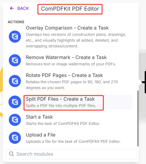 add Split PDF Files - Create a Task on Make.com