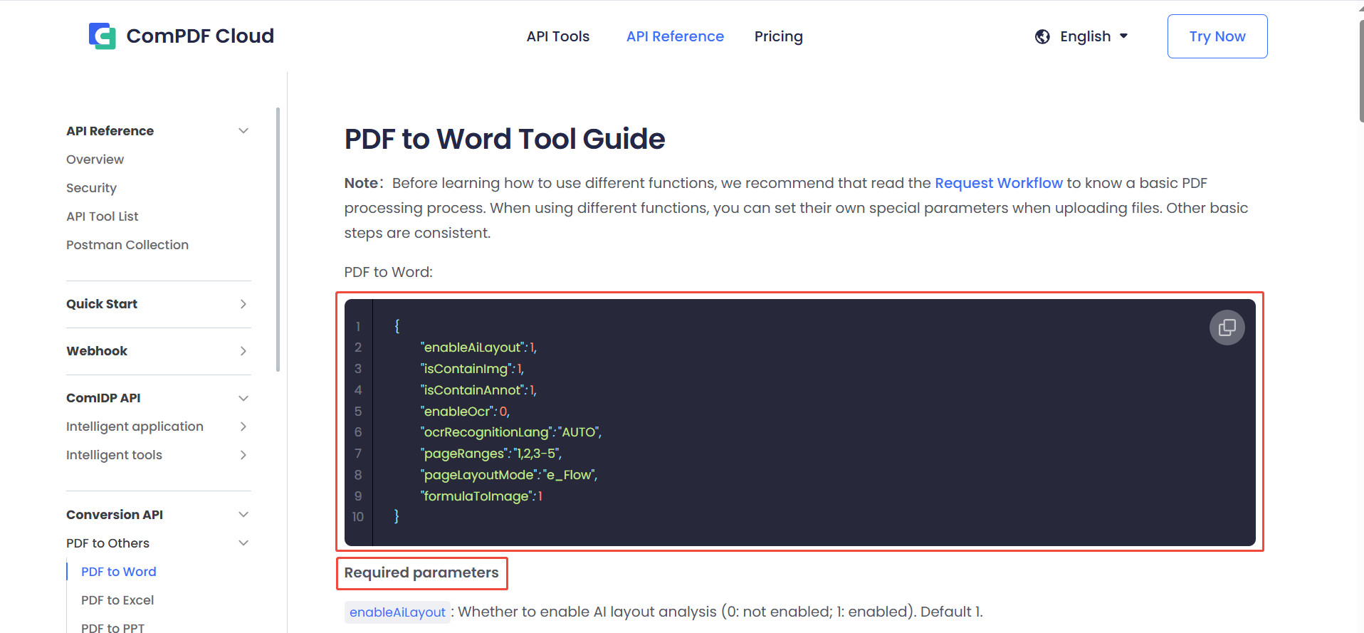 Expamle code of parameter settings for ComPDF Cloud