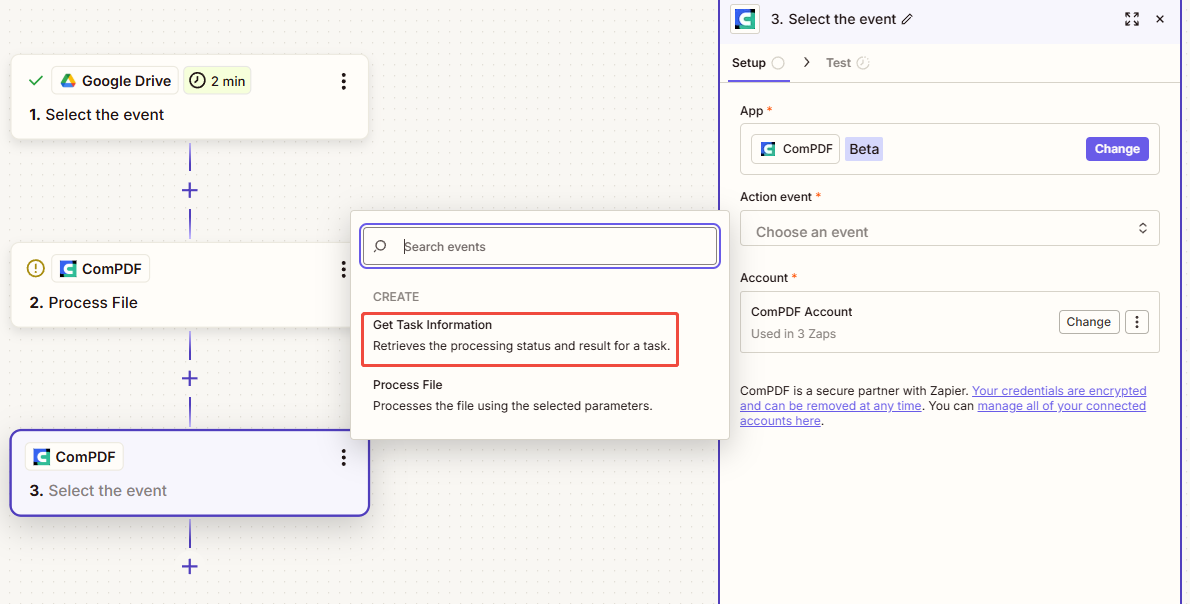 Set up the Get Task Information of ComPDF Cloud on Zapier