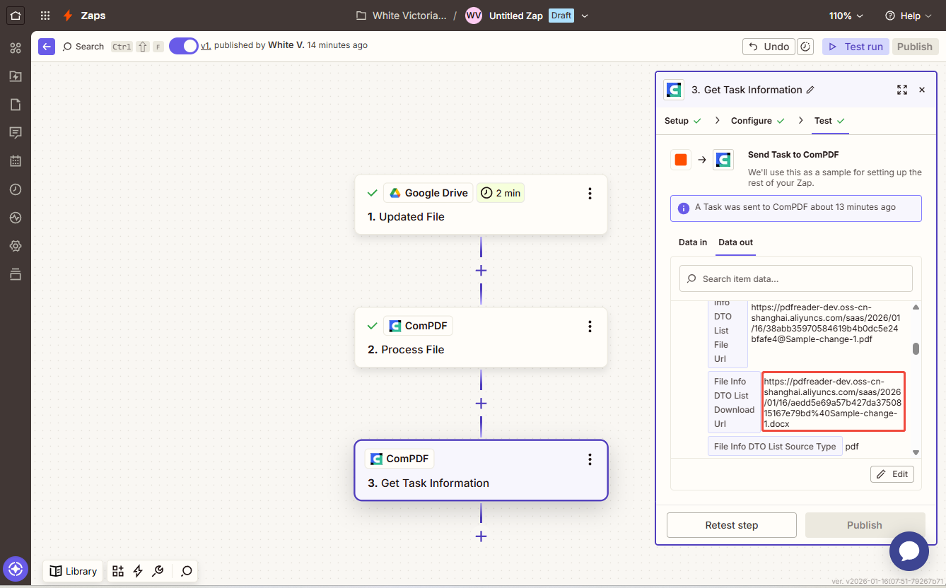 Test the Get Task Information of ComPDF Cloud on Zapier, and Get Result file